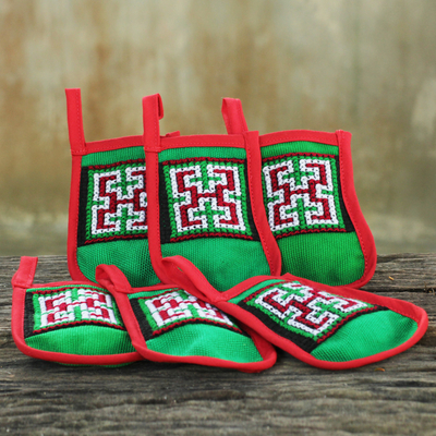 Hmong cotton blend ornaments, 'Christmas Joy' (set of 6) - 6 Hmong Hill Tribe Hand Embroidered Christmas Ornament Set