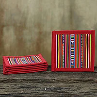 Posavasos de algodón, 'Lahu Red' (juego de 6) - Posavasos de patchwork de algodón de Thai Hill Tribe (juego de 6)