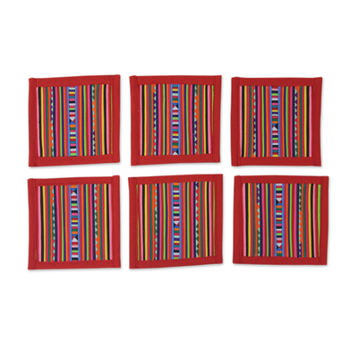 Cotton coasters, 'Lahu Red' (set of 6) - Thai Hill Tribe Cotton Patchwork Coasters (Set of 6)