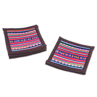 Cotton coasters, 'Lahu Dark Brown' (set of 6) - Hand Crafted Brown Cotton Patchwork Coasters (Set of 6)
