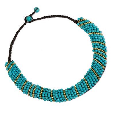 Beaded choker, 'Blue Thai Smile' - Hand Crafted Beaded Choker with Brass and Blue Calcite
