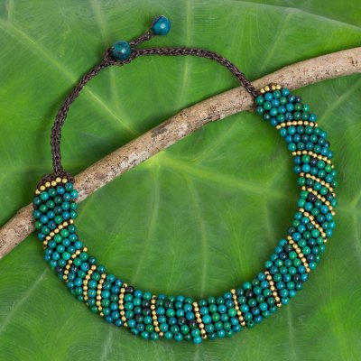 Beaded choker, 'Sweet Thai Smile' - Beaded Serpentine Choker with Brass in Turquoise Tones