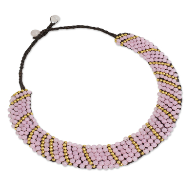Beaded choker, 'Pink Thai Smile' - Beaded Pink Quartz and Brass Handmade Thai Necklace