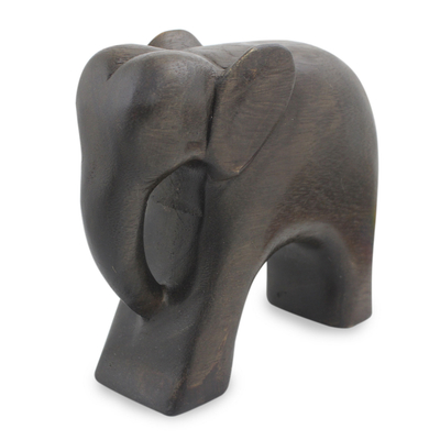 Wood sculpture, 'Brown Thai Elephant' - Hand Carved Thai Raintree Wood Brown Elephant Sculpture
