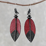 Leather and Bone Feather Earrings in Red from Thailand, 'Red Feather'
