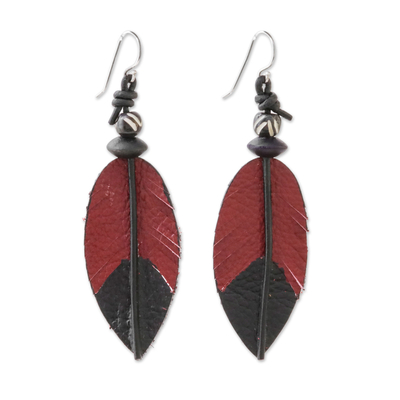 Leather and bone dangle earrings, 'Red Feather' - Leather and Bone Feather Earrings in Red from Thailand