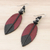 Leather and bone dangle earrings, 'Red Feather' - Leather and Bone Feather Earrings in Red from Thailand (image 2b) thumbail