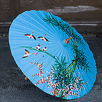Cotton and bamboo parasol, 'Tropical Bamboo' - Hand Painted Blue Cotton and Bamboo Thai Parasol