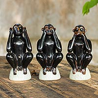Celadon ceramic figurines, 'Monkeys Ban Evil' (set of 3) - Handmade Brown Celadon Ceramic Monkey Figurines (Set of 3)
