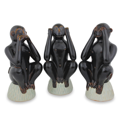 Handmade Brown Celadon Ceramic Monkey Figurines (Set of 3)
