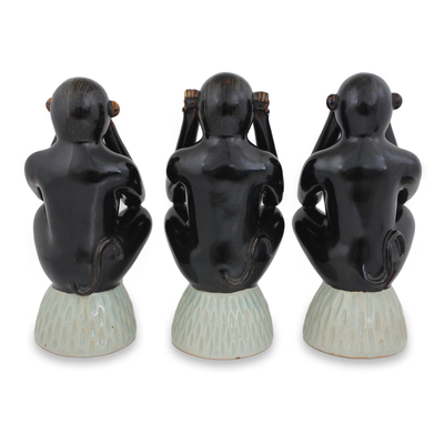 Celadon ceramic figurines, 'Monkeys Ban Evil' (set of 3) - Handmade Brown Celadon Ceramic Monkey Figurines (Set of 3)