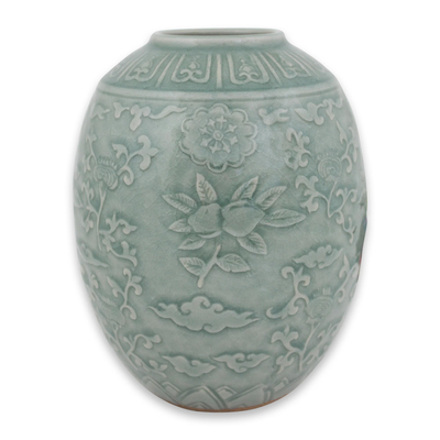 Celadon-Keramikvase - Blaue, handgefertigte Vase aus Seladon-Keramik mit Blumenmuster