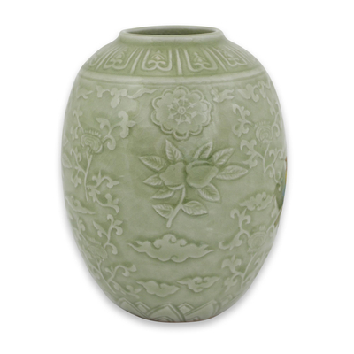 Green Floral Handcrafted Celadon Ceramic Vase from Thailand