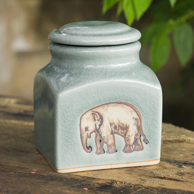 Celadon ceramic jar, 'Happy Elephant' - Thai Light Blue Celadon Ceramic Handcrafted Jar and Lid