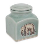 Celadon ceramic jar, 'Happy Elephant' - Thai Light Blue Celadon Ceramic Handcrafted Jar and Lid