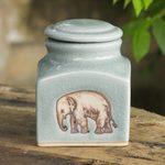 Celadon ceramic jar, 'Happy Elephant' - Thai Light Blue Celadon Ceramic Handcrafted Jar and Lid