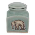Celadon ceramic jar, 'Happy Elephant' - Thai Light Blue Celadon Ceramic Handcrafted Jar and Lid