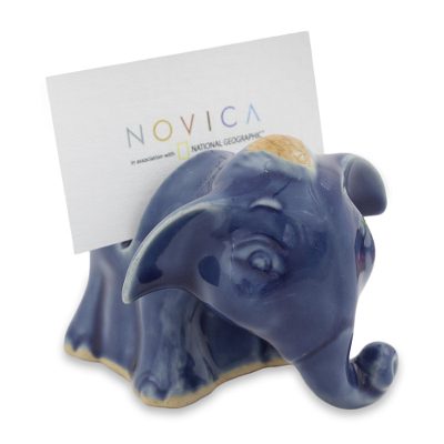 Celadon ceramic business card holder, 'Joyful Blue Elephant' - Blue Elephant Celadon Ceramic Business Card Holder