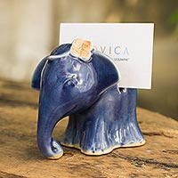 Celadon ceramic business card holder, 'Elephant Girl' - Elephant with Flower Celadon Ceramic Business Card Holder