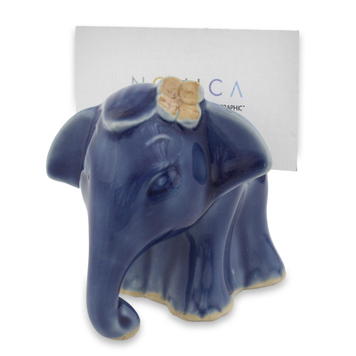 Celadon ceramic business card holder, 'Elephant Girl' - Elephant with Flower Celadon Ceramic Business Card Holder