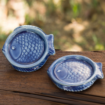 Celadon ceramic coasters, 'Ocean Blue Fish' (pair) - Authentic Deep Blue Thai Celadon Ceramic Coasters (Pair)