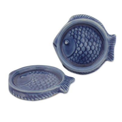 Celadon ceramic coasters, 'Ocean Blue Fish' (pair) - Authentic Deep Blue Thai Celadon Ceramic Coasters (Pair)