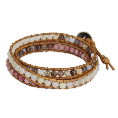 Rhodonite and agate wrap bracelet, 'Karen Rose' - Karen Hill Tribe Handcrafted Gemstone Wrap Bracelet