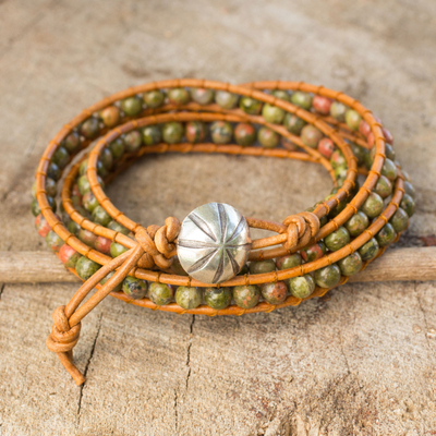 Unakite wrap bracelet, 'Karen Meadow' - Unakite Wrap Bracelet with Karen Hill Tribe Silver