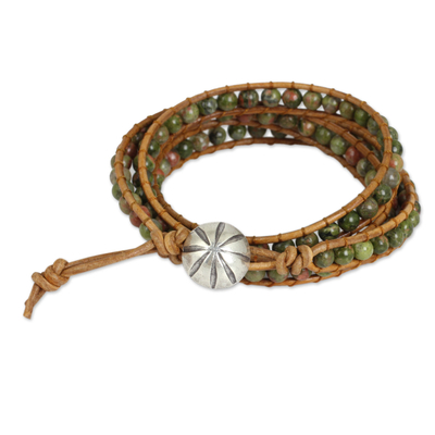 Unakite wrap bracelet, 'Karen Meadow' - Unakite Wrap Bracelet with Karen Hill Tribe Silver