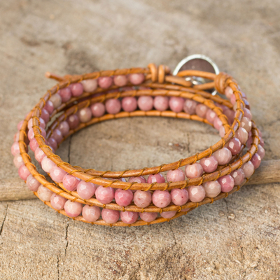 Rhodonite wrap bracelet, 'Pink Hydrangea' - Pink Rhodonite and Karen Hill Tribe Silver Wrap Bracelet