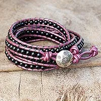 Onyx wrap bracelet, 'Black Orchid Romance' - Onyx and Leather Wrap Bracelet with Karen Hill Tribe Silver