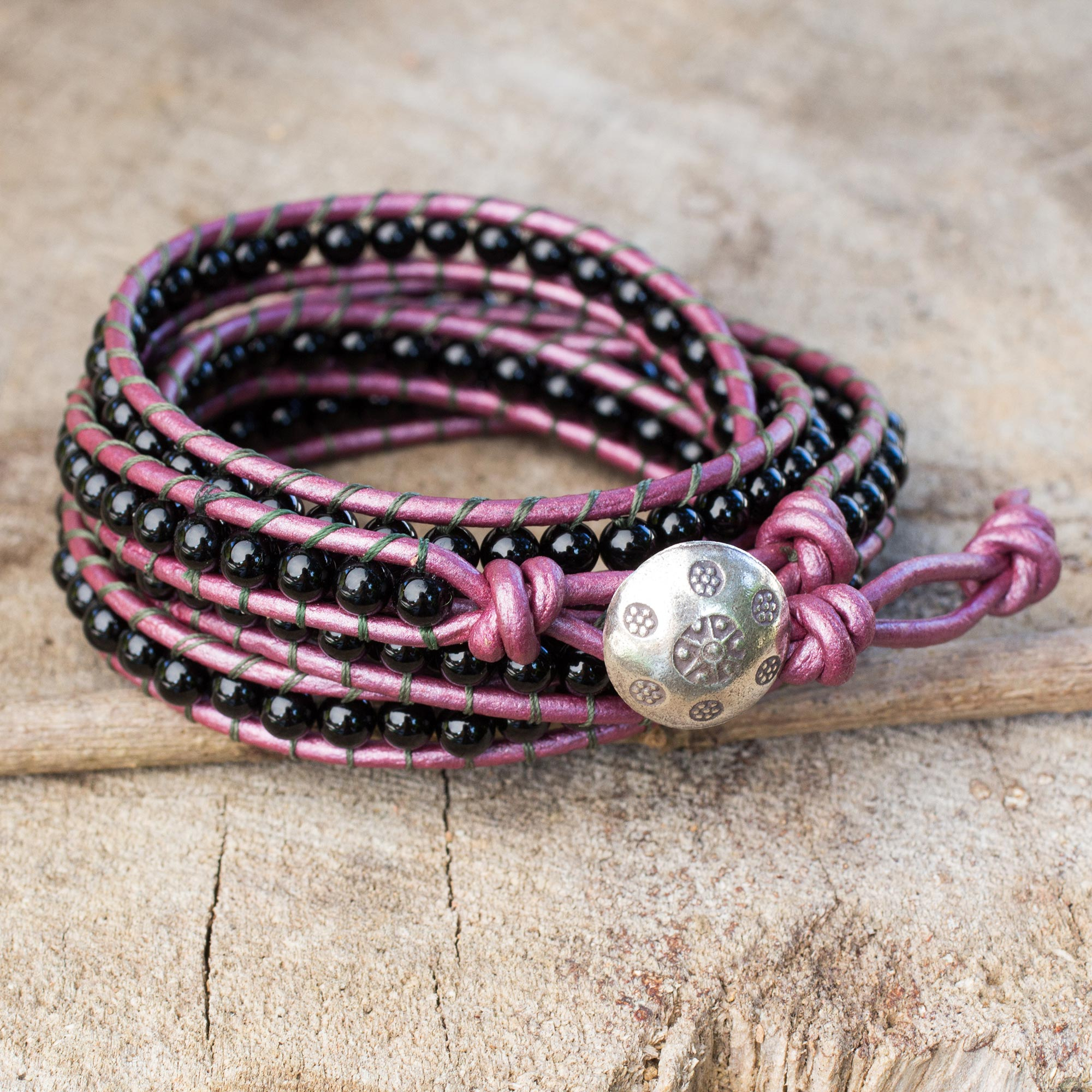 Onyx and Leather Wrap Bracelet with Karen Hill Tribe Silver, 'Black Orchid  Romance