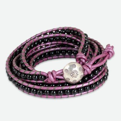 Onyx wrap bracelet, 'Black Orchid Romance' - Onyx and Leather Wrap Bracelet with Karen Hill Tribe Silver