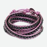 Onyx wrap bracelet, 'Black Orchid Romance' - Onyx and Leather Wrap Bracelet with Karen Hill Tribe Silver