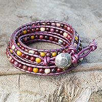 Jasper wrap bracelet, 'Bright Orchid Romance' - Jasper and Leather Wrap Bracelet Karen Hill Tribe Silver