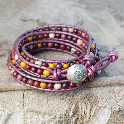 Jasper wrap bracelet, 'Bright Orchid Romance' - Jasper and Leather Wrap Bracelet Karen Hill Tribe Silver