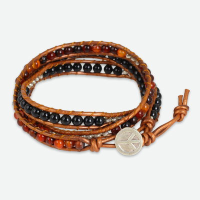Onyx and carnelian wrap bracelet, 'Hill Tribe Peace' - Onyx and Carnelian Wrap Bracelet with Hill Tribe Silver