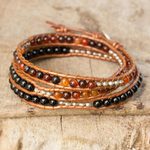 Onyx and carnelian wrap bracelet, 'Hill Tribe Peace' - Onyx and Carnelian Wrap Bracelet with Hill Tribe Silver