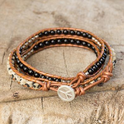 Onyx and jasper wrap bracelet, 'Hill Tribe Peace' - Onyx and Jasper Wrap Bracelet with Hill Tribe Silver