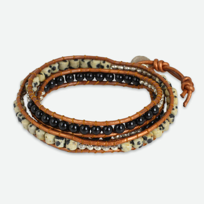 Onyx and jasper wrap bracelet, 'Hill Tribe Peace' - Onyx and Jasper Wrap Bracelet with Hill Tribe Silver