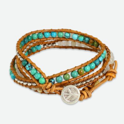 Quartz wrap bracelet, 'For Peace' - Quartz and Reconstituted Turquoise Leather Wrap Bracelet