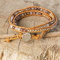 Agate wrap bracelet, 'For Peace' - Agate and Leather Wrap Bracelet with Hill Tribe Silver