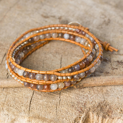 Agate wrap bracelet, 'For Peace' - Agate and Leather Wrap Bracelet with Hill Tribe Silver