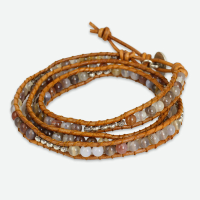 Agate wrap bracelet, 'For Peace' - Agate and Leather Wrap Bracelet with Hill Tribe Silver