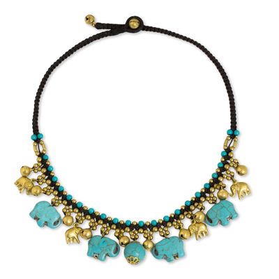 Waterfall necklace, 'Blue Elephant Charm' - Hand Crafted Necklace with Brass and Blue Calcite Elephants