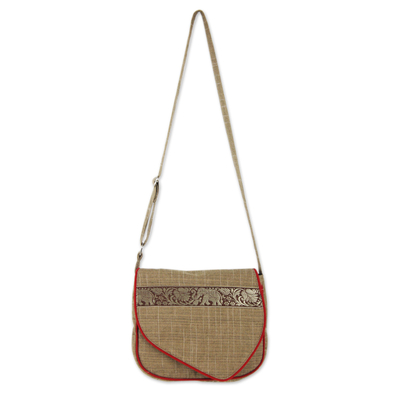 Cotton messenger bag, 'Elephant Journey in Tan' - Light Brown Cotton Messenger Style Handbag for Women