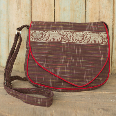 Cotton messenger bag, 'Elephant Journey in Brown' - Thai Elephant Theme Adjustable Strap Cotton Shoulder Bag