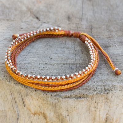Silver Beads on Hand Braided Wristband Bracelet - Warm Honey | NOVICA