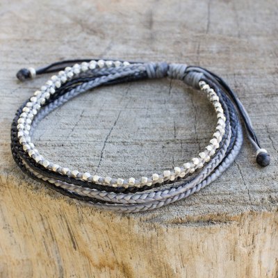 Silver beaded wristband bracelet, 'Misty Grey' - Silver Beads on Hand Braided Wristband Bracelet