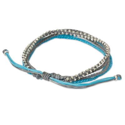 Silver beaded wristband bracelet, 'Sky Grey' - Hand Crafted Cord Wristband Bracelet with Silver Beads